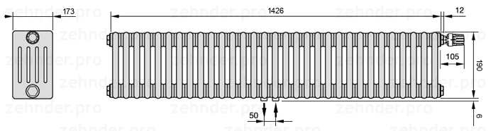 Схема (чертеж) Радиатор Zehnder Charleston 5019/31 №V008 Белый глянцевый RAL 9016